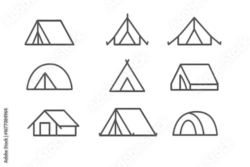 Tent line icon set. Camping and hiking outline signs. Outdoor adventure, travel and tourism symbols for graphic and web design, apps. Vector shelter pictogram collection.