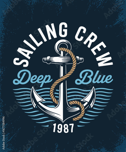 A striking nautical design featuring an anchor, representing the deep blue sea, along with a sense of adventure and camaraderie among sailing enthusiasts and crews.