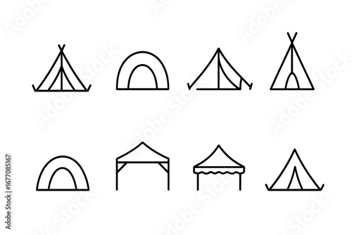 Tent icon set for camping and outdoor events. Thin line art collection of various shelters like dome, teepee, and canopy. Vector symbols for web, mobile app, and graphic design.