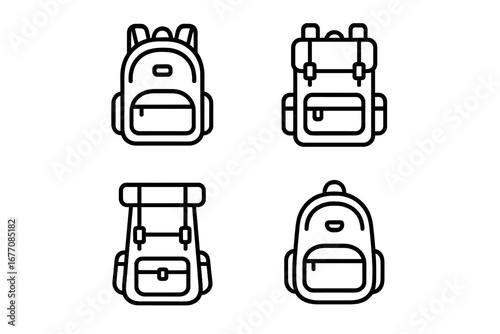Schoolbag and Hiking Backpack Icon Collection, Line Art Editable Stroke Vector, Perfect for Infographics, Outdoor Activity Design, Travel Gear, Adventure, and Casual Use