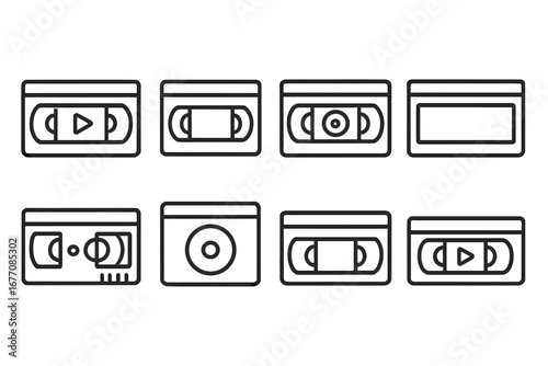 Video tape line icon set. VHS cassette, retro 80s, 90s media concept. Analog movie film pictogram collection. Old school video player technology for web and graphic design.
