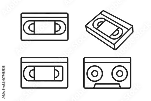 Set of VHS video cassette icons in a modern outline style. Retro 80s and 90s analog technology concept. Vintage video tape vector illustration for nostalgia and media design.