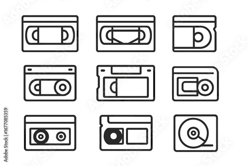 Video tape and cassette line icon set. Retro media symbols for web and graphic design. Vintage 80s and 90s analog technology concept. Old movie and film tape vector icons.
