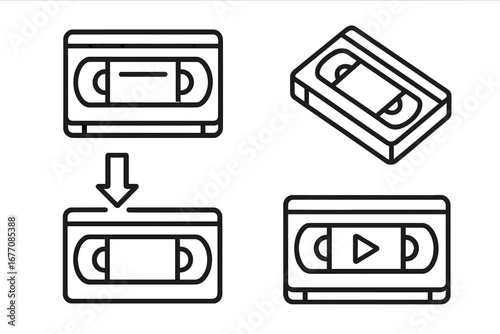 Video tape icon set. VHS cassette line art. Retro 80s 90s nostalgia. Old movie film technology. Play, insert media symbol. Vector graphic for web, app, ui, ux design.