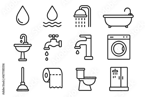 Water, bathroom and shower related line icon set. Plumbing, sanitary and hygiene vector symbols. Contains toilet, sink, faucet, bathtub and washing machine. Editable stroke.
