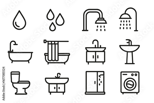Bathroom & plumbing line icon set. Vector symbols of toilet, shower, sink, bath, washbasin. Home furniture & appliance illustration. Editable stroke icons for hygiene & sanitation.