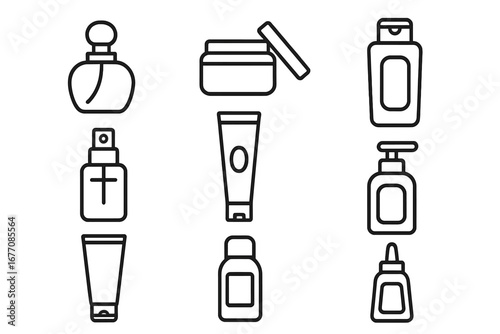 Cosmetics line icon set. Skincare and beauty product bottles. Perfume, cream jar, shampoo, spray, lotion tube, soap dispenser. Minimal outline vector illustration for web.