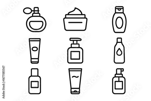 Cosmetic bottles line icon set. Beauty, skincare, and hygiene product container symbols. Perfume, cream, shampoo, soap, and lotion outline vector signs for web and apps.