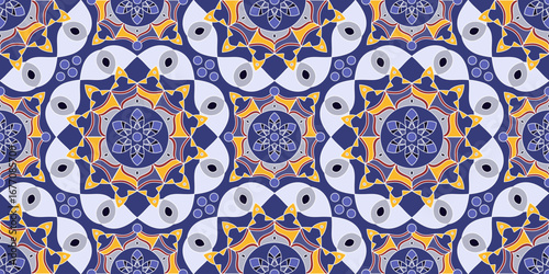 Seamless pattern with traditional Indian floral ornament for fabric swatch or wrapping paper. Vector abstract kaleidoscopic background
