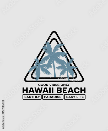 Emphasizing the 'Good Vibes Only' message, this illustration captures the serene beauty of a Hawaii beach with palm trees, inviting viewers to enjoy the easy-going island lifestyle.