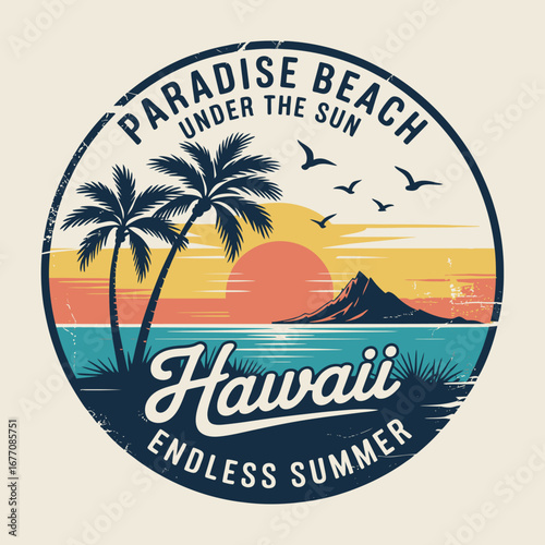 This artistic representation of a Hawaiian beach under the sun features warm colors, palm trees, and mountainous backdrop, perfect for invoking summer memories.