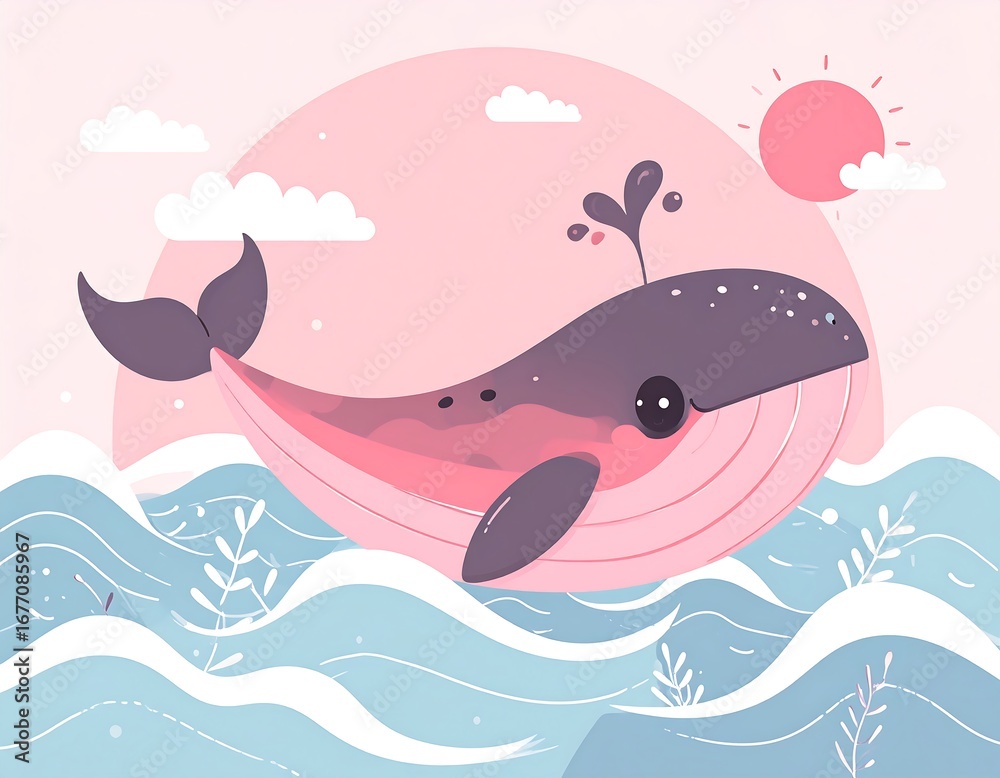 Naklejka premium Cute whale in pastel ocean