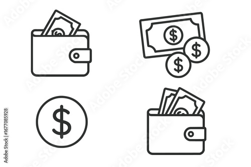 Wallet and Money Outline Icon Collection, Editable Stroke Vector Set for Infographics, Articles, Books, Flyers, Banners, Cartoon Style Currency and Finance Illustration