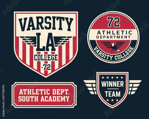 A classic vintage collection of athletic department logos and badges emphasizing sports culture, teamwork, and spirit, ideal for representing an engaging athletic identity.