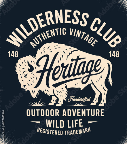 This vintage-style graphic features a majestic buffalo alongside the Wilderness Club logo and emphasizes outdoor adventure and wildlife experiences in a handcrafted design.