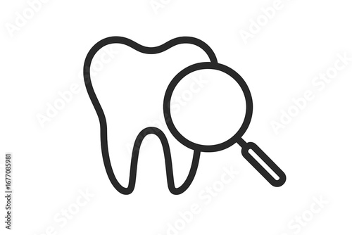 Dental check-up icon with a magnifying glass over a tooth. Vector for oral health, diagnosis, and dentistry. Concept of searching for caries, decay, or dental problems.