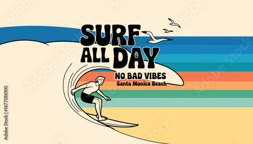 This illustration combines a surfer with bold colors at Santa Monica Beach, representing the carefree spirit of surfing and the thrill of making waves under the sun.