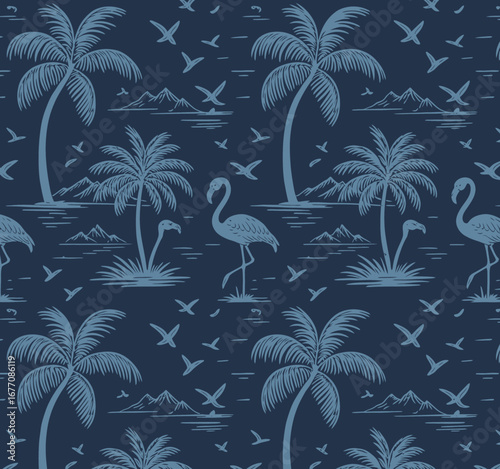 This delightful repeat pattern design showcases flamingos and palm trees in a tropical landscape, embodying the spirit of coastal serenity and inviting relaxation.
