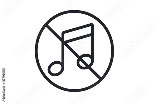 No music vector icon. Sound off symbol. Music note in a prohibition circle. Keep quiet sign. Mute button pictogram for user interface. No loud sounds. Silent zone concept.