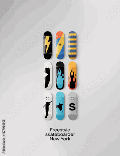 An artistic arrangement of modern skateboard deck designs showcasing a blend of colors and styles, ideal for street art lovers and skateboard enthusiasts.
