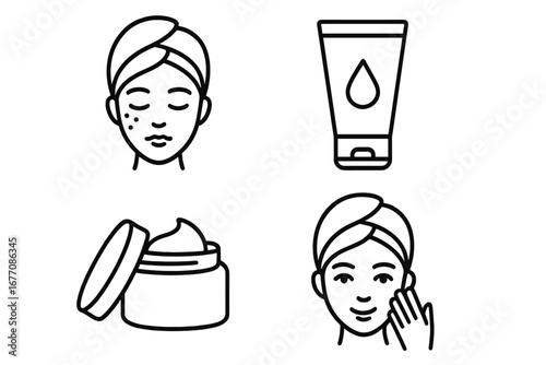 Skincare routine line icon set. Woman face with acne and applying cream. Beauty cosmetic product, moisturizer tube and jar. Vector outline illustration for dermatology concept.