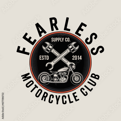 This image illustrates the logo of 'Fearless Motorcycle Club Supply Co.,' emphasizing tools and a motorcycle in its design, symbolizing the culture of craftsmanship and biking.