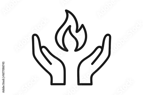 Hands holding fire flame icon. Metaphor for energy, power, hope, passion, and safety. Keep the flame alive concept. Care, support and charity symbol. Vector line illustration.