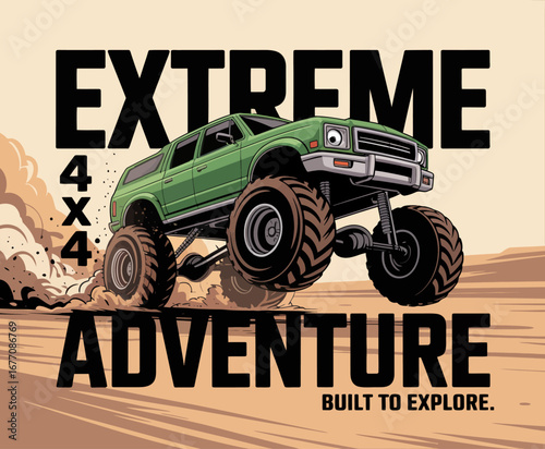 A vintage-style green off-road vehicle leaps into action on dirt, symbolizing a classic adventure spirit, freedom, and exploration in a thrilling outdoor environment.