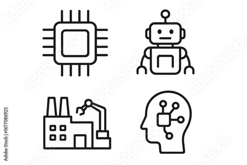 Vector technology icon collection. Artificial intelligence, robotics, automation industry symbols. Outline icons of a robot, CPU chip, factory, and neural network for design.