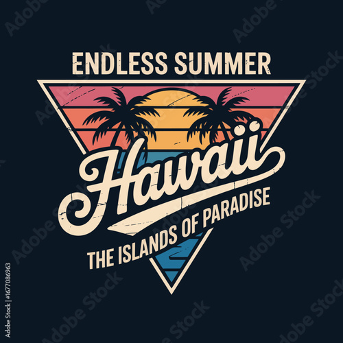 This artistic image highlights Hawaii’s tropical charm featuring a colorful sunset and palm trees that perfectly embody an endless summer atmosphere filled with joy and relaxation.