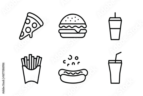Collection of delicious fast food icons for branding and design