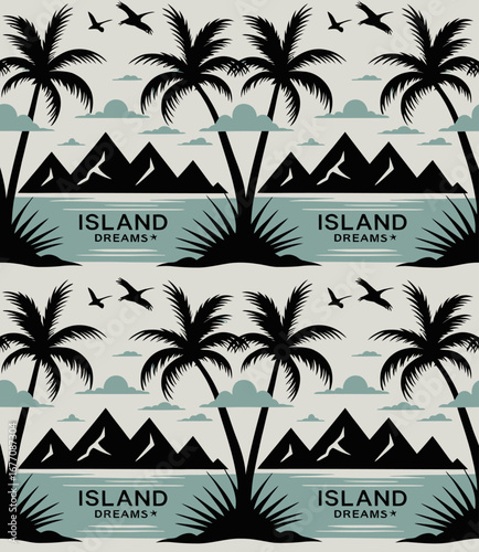 This stylish illustration features a tropical beach scene with palm trees and mountains, embodying the essence of a serene island getaway filled with dreams and adventure.