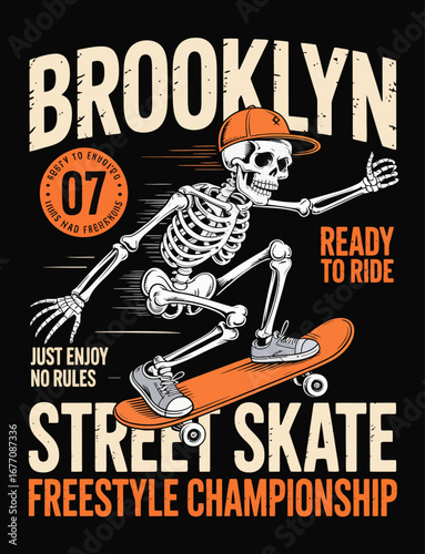 This eye-catching image showcases a joyful skeleton riding a skateboard in a Brooklyn-themed freestyle skateboarding scene, emphasizing fun and creativity in urban culture.