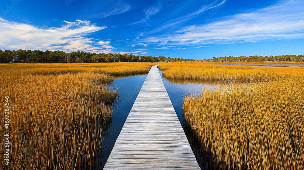 Fototapeta premium Discovering Aquatic Life Through Coastal Marsh Boardwalks