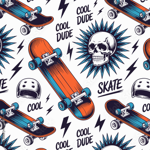 This creative image depicts a lively and eye-catching pattern featuring skulls and skateboards, blending a sense of adventure with playful colors and modern artistic flair.