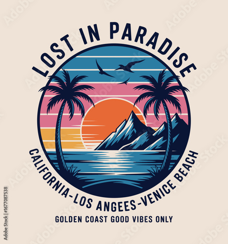 This vibrant artwork depicts a serene coastal view of the Golden Coast with palm trees and mountains, representing the ultimate escape for beach lovers and adventure seekers alike.