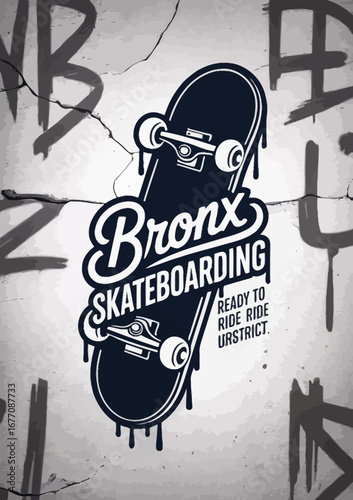 This image features a stylish skateboard design showcasing Bronx skateboarding culture, emphasizing urban art and the thrill of riding in a vibrant, modern style.