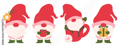 A set of cute vector Christmas gnomes with winter and holiday elements like hot cocoa and gifts. Great for festive designs.