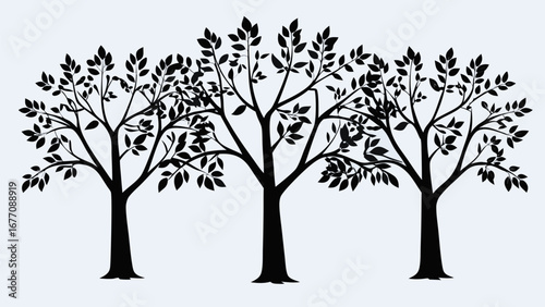 Three stylized trees with dense foliage depicted in a stark black silhouette against a plain background