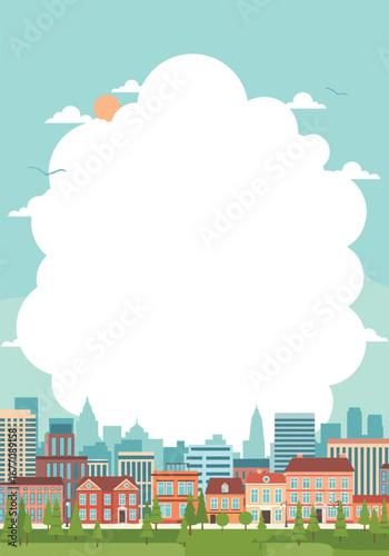 Picturesque suburban neighborhood with sunny sky and fluffy cloud overlooking homes