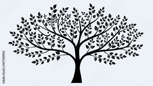 Illustration of a stylized tree with dense foliage and intricate branch patterns in black silhouette design