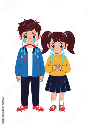 Two sad children crying tears of sadness and distress together on a white background