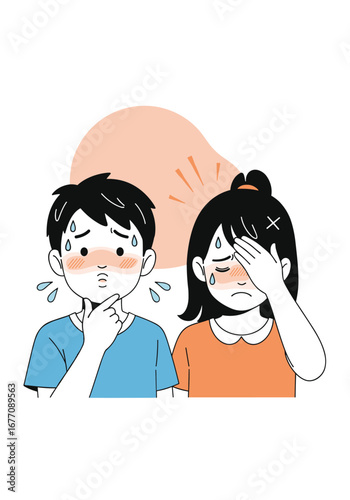 Children feeling unwell with fever symptoms experiencing discomfort during hot weather