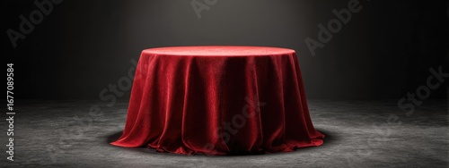 Red velvet tablecloth draped over a round table in a dark room