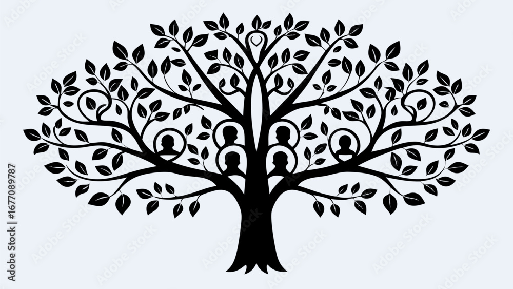 Obraz premium Illustration of a black family tree with portrait icons and leaf details on a white background design art