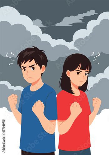 Two angry young people facing away from each other with fists raised under stormy clouds