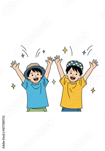 Joyful youngsters celebrate with enthusiastic arms raised high towards sparkling stars