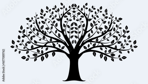 Silhouette of a stylized tree with dense foliage and symmetrical branching against a light background