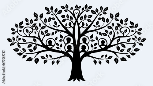 Illustration of a black family tree with portrait icons and leaf details on a white background design art