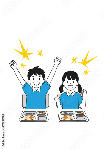Excited children celebrating achievement with school lunches showing happiness and success